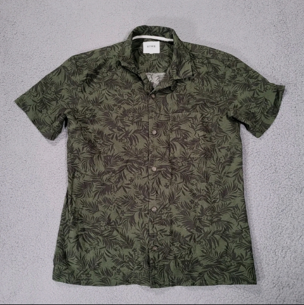 HYMN Mens Size Medium Shirt Short Sleeve Green Black Floral Textured Button Up